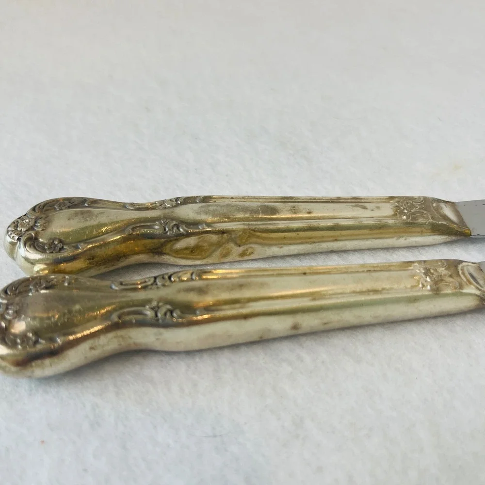 Vintage Silver Plated Floral Scroll Dinner Knives Set of 2 Stainless Blade 8.5